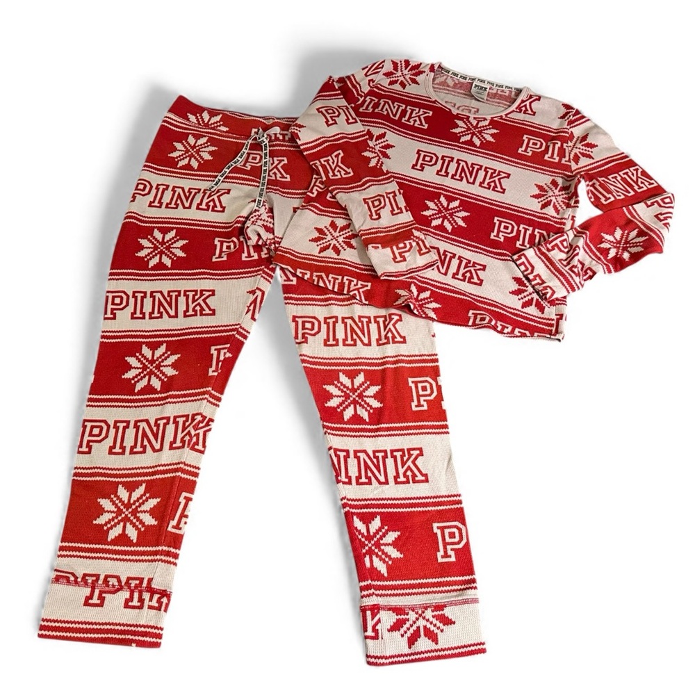 PINK Victorias Secret L Red Light Pink Fair Isle Thermal Pajamas R $79 Holiday - Picture 4 of 14